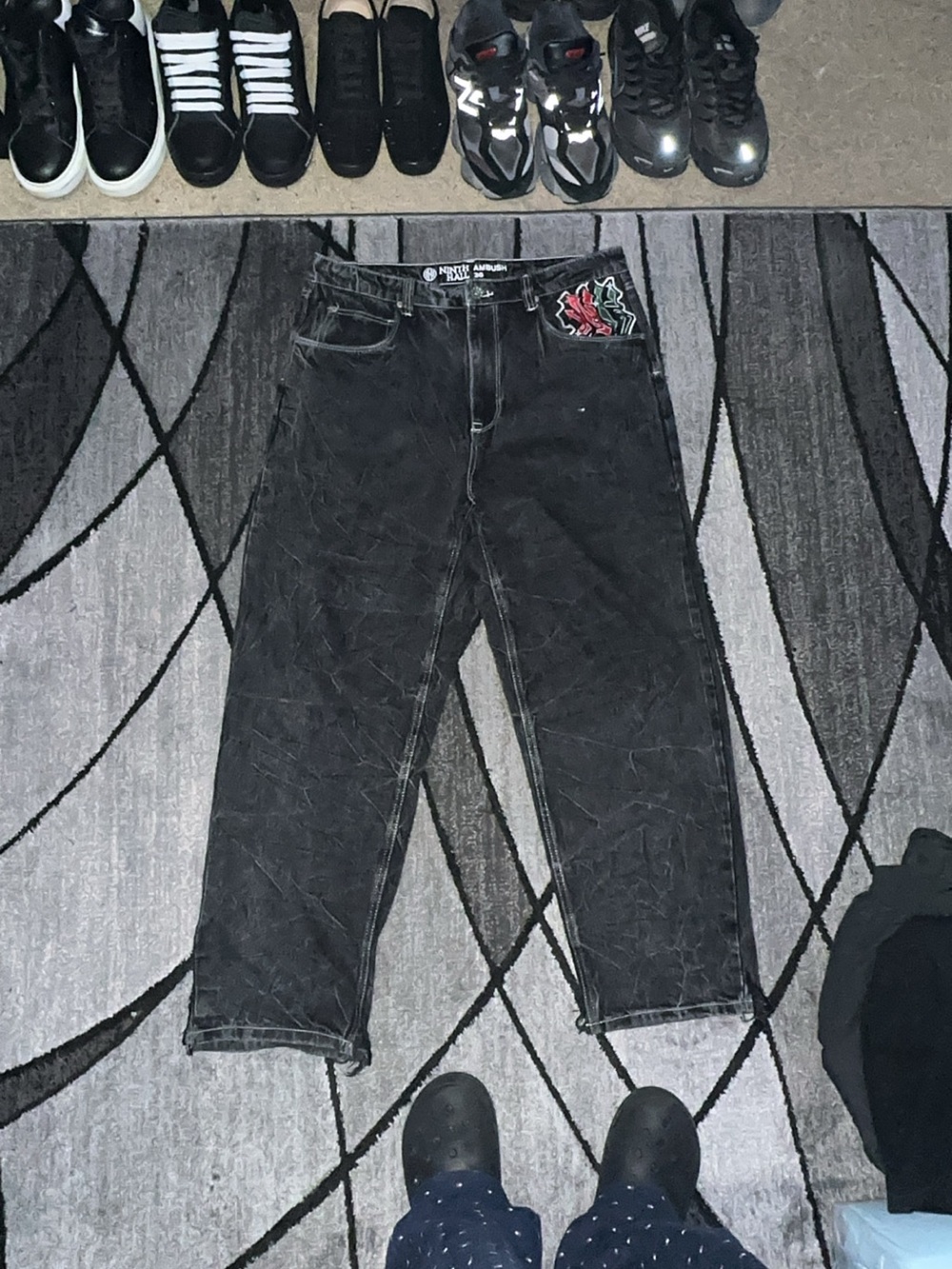 Black Embroidered Pocket Straight Leg Jeans